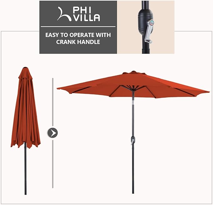 PHI VILLA 9ft Patio Umbrella Clearance, Outdoor Market Table Umbrellas with 8 Ribs and Push Button Tilt for Garden Deck & Poolside (No Base)