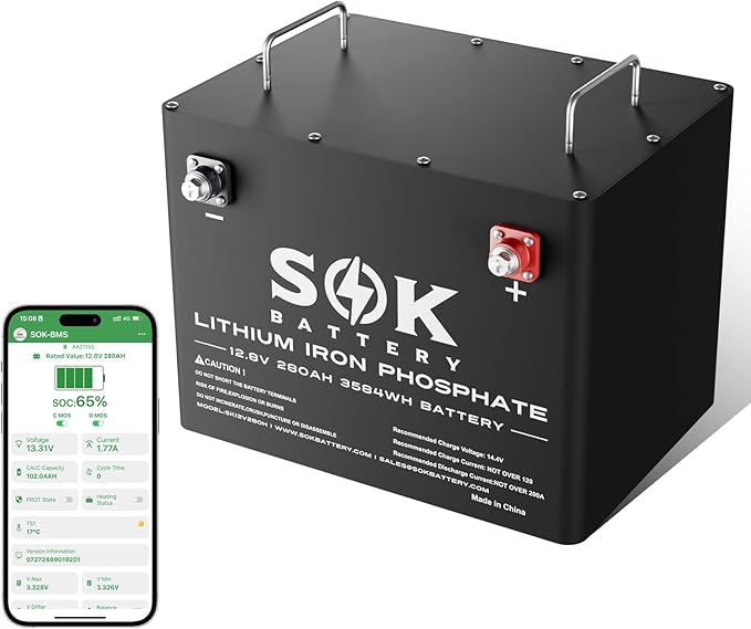 SOK 12V 280AH LiFePO4 Lithium Battery, SK12V280H 4000~8000 cycles Support Bluetooth, Smart BMS, Built-in Heater Can be Charged at a Minimum of -4℉/-20℃ for RV, Solar, Marine, Off Grid