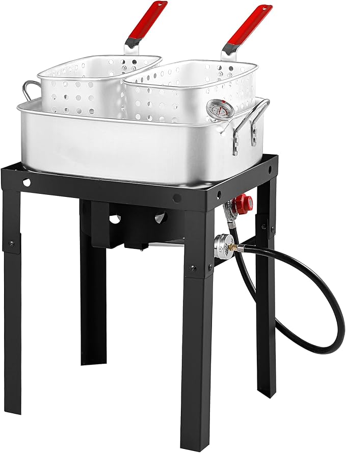 OT18 Propane Deep Fryer with 18Qt Square Deep Fryer Pot – High Grade Strainer Basket Aluminum Pot for Fish Fry, Seafood Pot – Propane Burners for Outdoor Cooking Include Thermometer