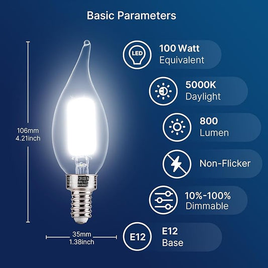 FLSNT LED Candelabra Light Bulbs, CA11 E12 Chandelier LED Light Bulbs 100W Equivalent, 5000K Daylight, 800LM, 5.5W, CRI 82+, AC 120V, 6 Pack, Dimmable UL,CA65 Listed.