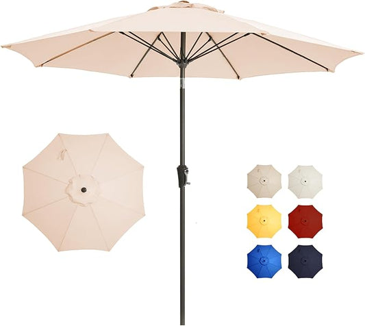 9FT Large Outdoor Patio Umbrella Market Table Umbrella-UV Resistant, Easy Push Button Tilt and Crank, 8 Sturdy Ribs Heavy-Duty Pool Umbrella for Deck, Backyard,Garden,Beige