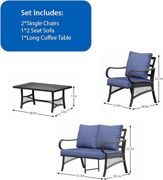 4 Piece Patio Furniture Set, All Weather Outdoor Sectional Sofa Conversation Set with Thick Cushions and Metal Coffee Table for Garden, Porch, Lawn, Blue