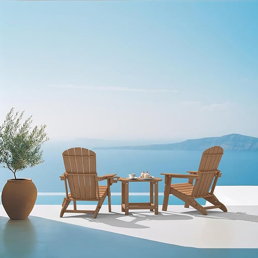 Plawdlik Folding Adirondack Chair, Cup Holder,SGS Tested, Wooden Textured, Heavy All-Weather HDPE Comfortable Set Poolside Backyard Lawn Teak Set 2