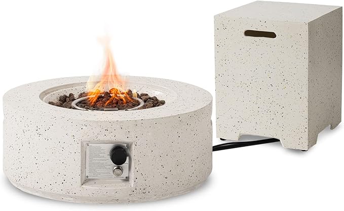 SUNBURY Outdoor 28 Inch Propane Fire Pit Table, Round Fire Table w Tank Table, 40,000 BTU Spotted White Patio Gas Fire Table Waterproof Cover, Lava Rocks