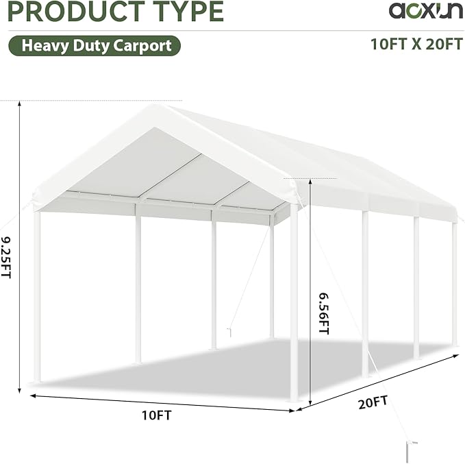 Aoxun 10x20 FT Premium Heavy Duty Carport with Tarp & Wind Resistance Portable Carport Car Tent Outdoor Car Port with Tear Resistant Canopy, No Sidewall - Milky White