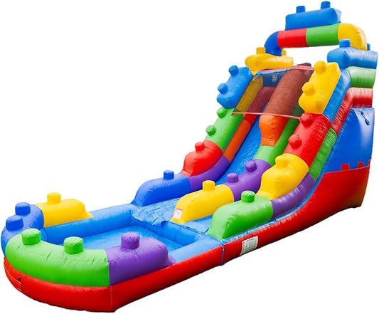 HeroKiddo Block Party 16' Commercial Grade Inflatable Water Slide with Attached Pool and Drainage for Kids and Adults (with Blower), Outdoor Indoor, Birthday Party, Rental Quality, Big Inflatable