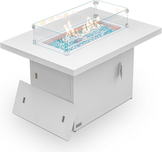 BULEXYARD 43" Aluminum Outdoor Propane Fire Pit Table, 60,000 BTU Rectangular Firepit Coffee Table with Wind Guard & Glass Stone, Large CSA Safety Approved Fireplace for Backyard Deck Garden, White