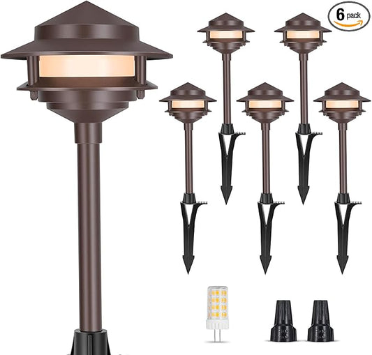 Gardencoin Pagoda Low Voltage Landscape Pathway Lights, 12V Outdoor LED Path Lights Wired, Aluminum Walkway Lighting with 4W 2700K Replaceable G4 Bulb, Bronze Classic 2-Tier Lantern, 6 Pack