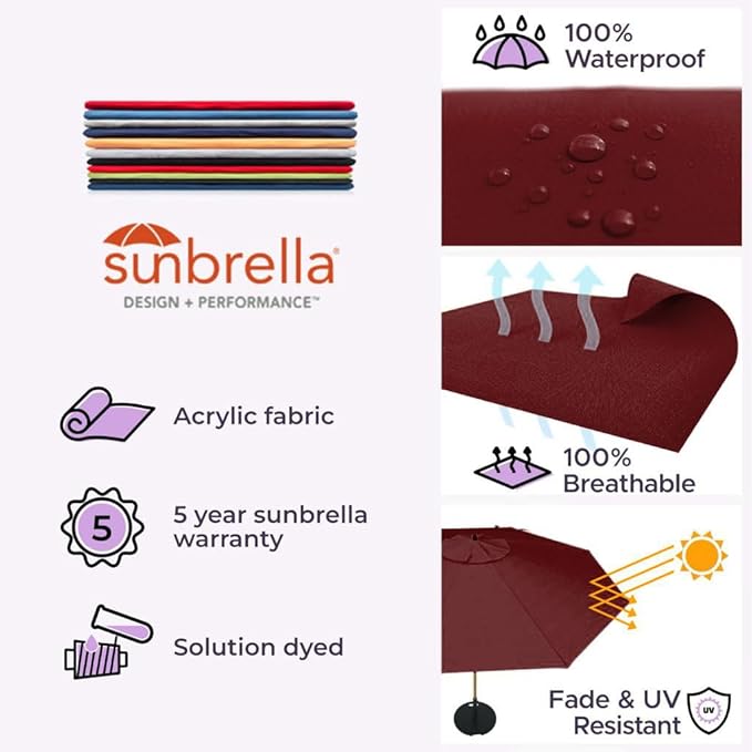 Midtown Umbrellas Push Pop Sunbrella Umbrella 10 Feet Large Outdoor Umbrella With Burgundy Fabric - Deck Patio Umbrella, Backyard Umbrella, Garden Umbrella & Pool Umbrella - Black Pole