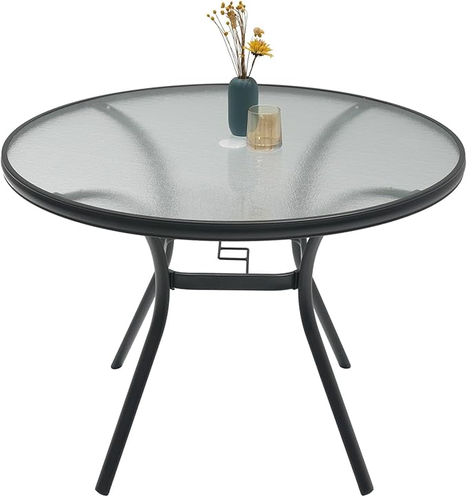Round Outdoor Dining Table for 4 Person, 40 inch Glass Top, Black Powder-Coated Frame with Umbrella Hole Outdoor Furniture