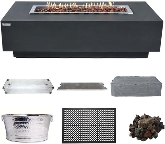 Elementi Granville Dark Grey Fire Pit Outdoor Firepit Set Includes 60” Natural Gas Concrete Firepit Table, Glass Windscreen, Stainless Steel & Canvas Cover, Floor Mat and Beverage Tub