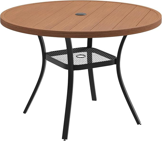 DIFY Outdoor Dining Table for 4 Person, 40.6"x 40.6" All Weather Round Patio Metal Table with 1.57" Umbrella Hole for Poolside Garden and Backyard, Walnut