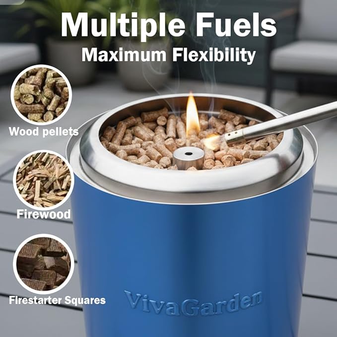 Smokeless Tabletop Fire Pit, VivaGarden Portable Outdoor Fire Pit for Camping, Patio, Backyard, Wood and Pellets Burning Camping Stove with Carry Bag, Forks, Mat and Pot Stand (9.7x7.1 Inch, Blue)