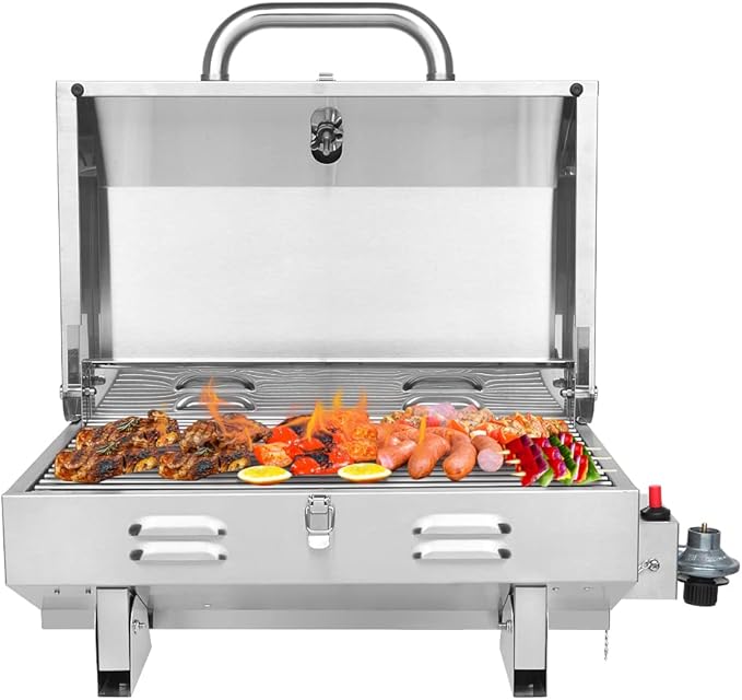 ROVSUN 12000BTU Portable Gas Grill, Outdoor Tabletop Propane Grill with Built-in Thermometer, Press Ignition & Full Stainless Steel Body for Patio Garden Backyard Camping BBQ Picnic
