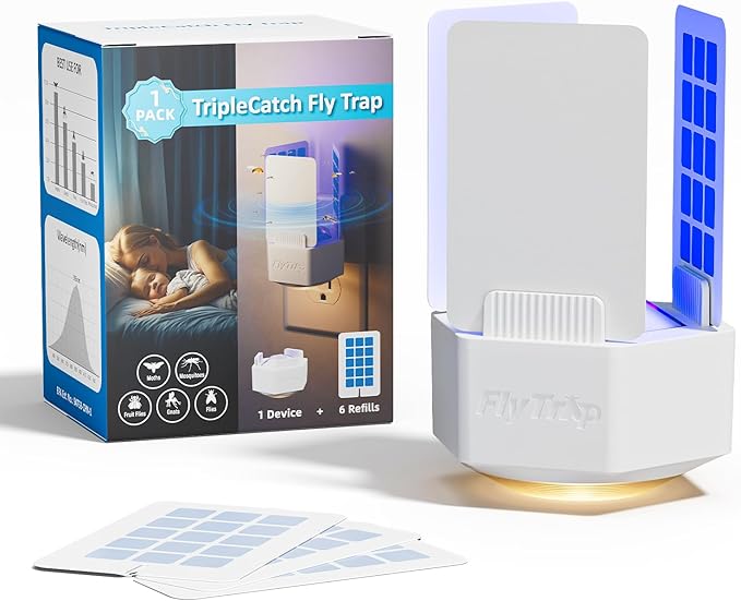 Plug-in Fly Trap Indoor with Three-Sided Glue Board, 2 in 1 Gnat Traps for House Indoor with UV & Night Light, Flying Insect Trap for House & Fruit Flies (1 Device + 6 Glue Boards) (White)