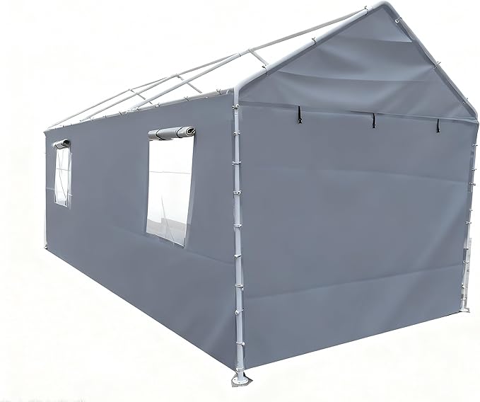 Rutile 10x20 Carport Replacement Sidewall, 180G PE Waterproof & UV Protected Sidewall Cover (Gray, Sidewall kit Panel Set of 4 with Mesh Windows)