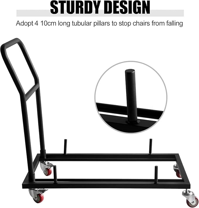 Folding Chair Dolly with 2 Swivel Casters, Brakes& 2 Fixed Straight Casters, L-Shaped Steel Storage Cart Commercial & Home Kitchen Folding Chairs Racks