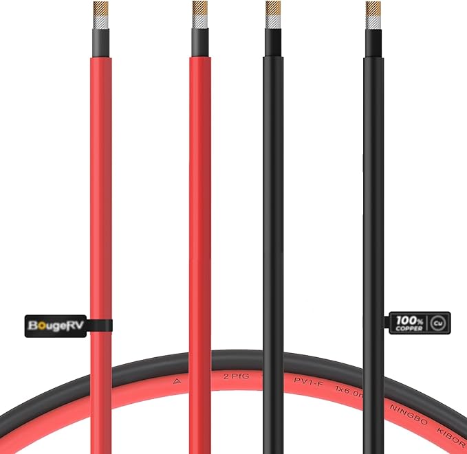 BougeRV 50 Feet 10AWG Solar Wire Solar Panel Wire Pure Copper Wire (50FT Red + 50FT Black)