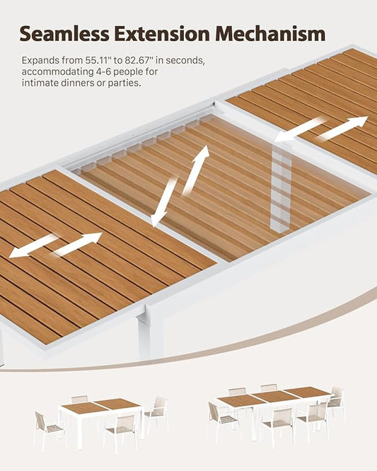 Expandable Patio Dining Table for 4-8 People, Aluminum Outdoor Square Table(55"- 82.7") with Safety Lock, Adjustable Height - Wood Grain for Backyard, Garden, Porch, Yard, Poolside,White