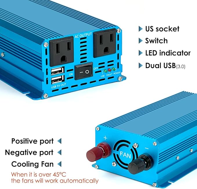 LVYUAN 1000 Watt Pure Sine Wave Power Inverter 12V DC to 110V/120V AC Converter with 2 sockets and USB Port for Car Truck Family Solar System,RV, Truck,Road Trip & Emergency