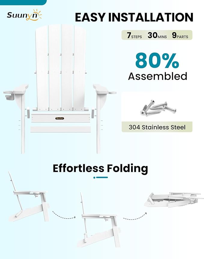 Folding Adirondack Chair 2 Pack, HDPE All-Weather Fire Pit Chairs, Plastic Adirondack Chairs with 2 Cup Holder, Outdoor Lawn Chair for Patio Garden (White)