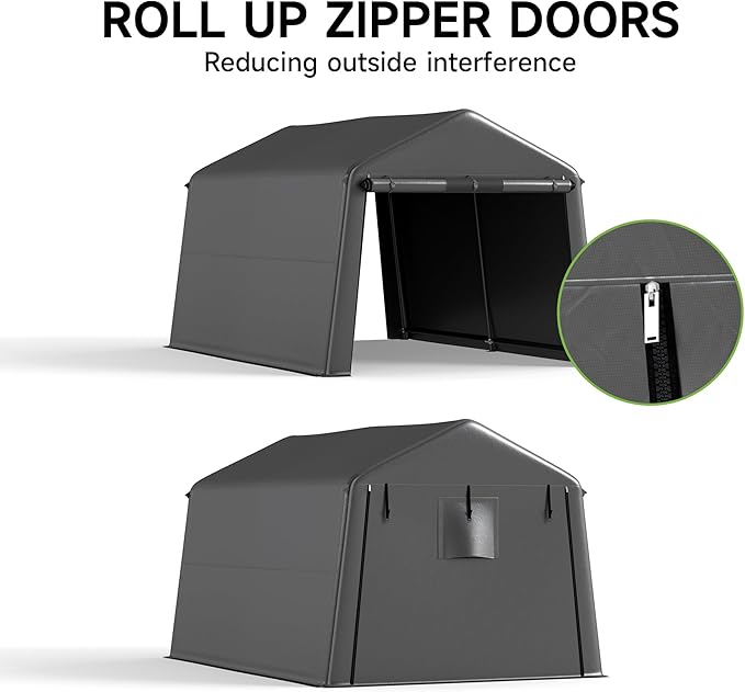 Real Relax Outdoor 8x14 ft Heavy Duty Carport for Snowmobile & Garden Tools, 240g PE Waterproof Cover & 1.2mm Steel Frame, Waterproof with 2 Roll-Up Doors & Vents