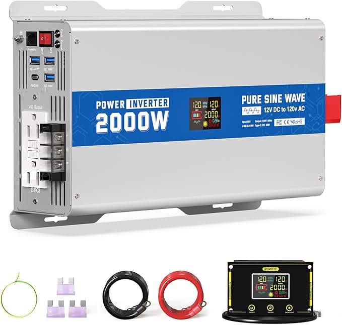 2000W Pure Sine Wave Power Inverter 12V DC to 120V AC Converter 4000 Watt Peak Power Multi-Display Screen with 2 GFCI Outlet 30W USB and 18W Type-C for Car RV Truck Boat Off-Grid, Gray Blue