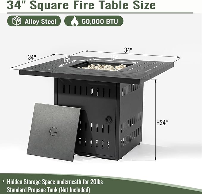 Propane Fire Pit Table, 34" Firepits for Outside, Gas Fire Pit for Outside Patio, Propane Fire Table with Steel Lid, Rocks for Backyard, 50000BTU, Tank Inside, Tank Not Included, Black