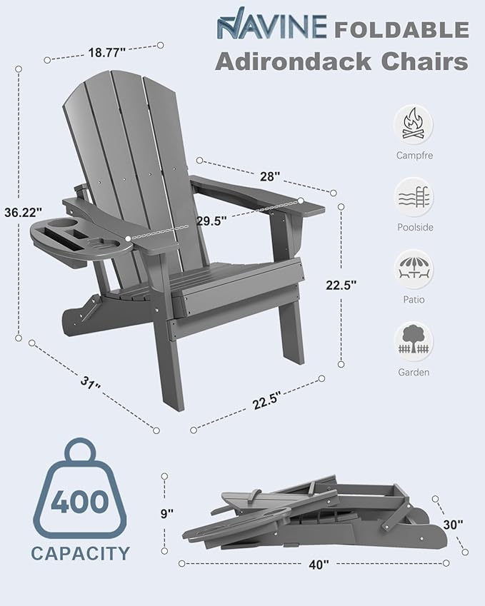 Adirondack Chair Set of 4, HDPE Folding Adirondack Chair with Multifunctional Cup Holder, Weather Resistant Fire Pit Chair for porches, patios, poolsides, Decks.
