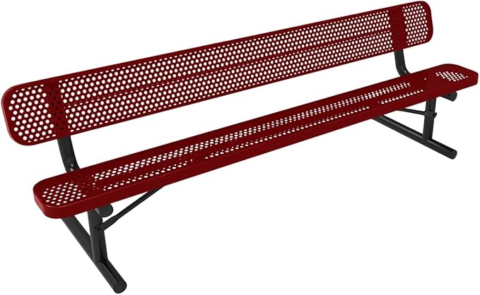 COATEDOUTDOORFURNITURE Heavy-Duty Portable Outdoor Bench Thermoplastic Coated, Punched Steel, Commercial-Grade Seating, Made in America (Portable with Back, 8 Ft, Textured Burgundy)