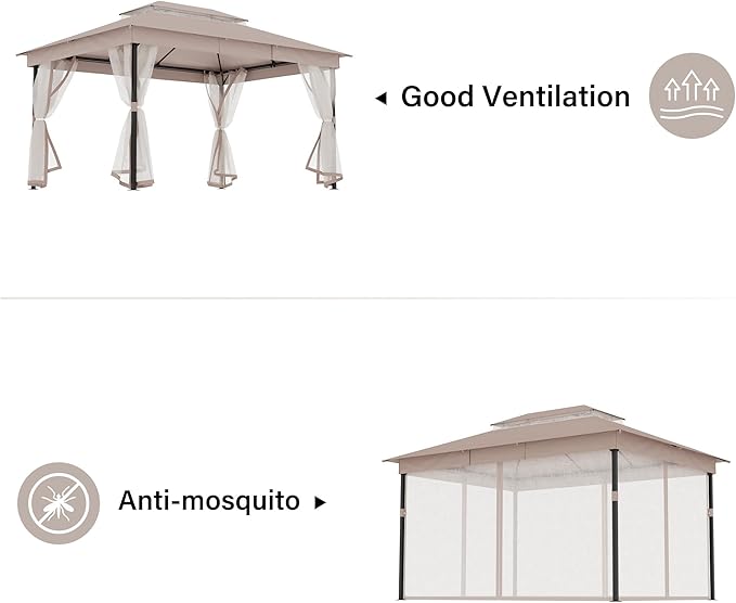 LAUSAINT HOME 10' X 13' Waterproof Patio Gazebo with Mosquito Netting, Double Roof Outdoor Gazebo Pavilion Shelter for Backyard, Garden, Lawn, Wedding (Khaki)