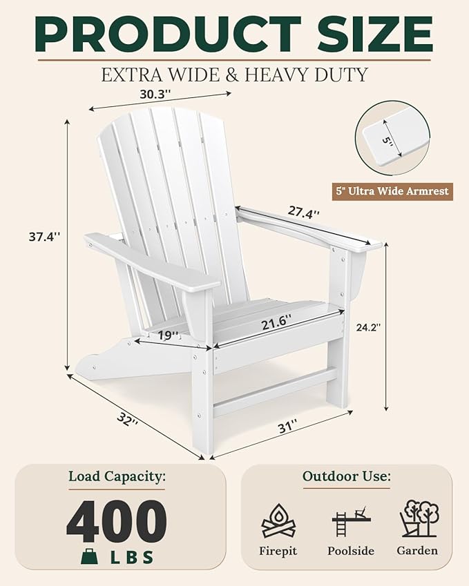 BRIOPAWS Adirondack-Chair | Fire Pit Chair | Oversized | HDPE Plastic | Weather Resistant | for Deck Outdoor Poolside Campfire | White