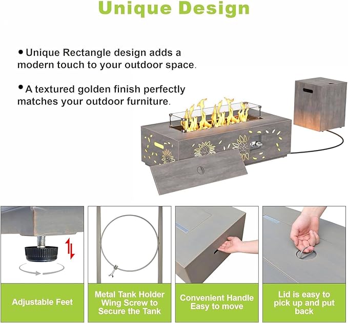 42" Firepit Table for Outside Patio with LED Light Decorative Design 50,000 BTU Includes Wind Guard, Lid, Rocks & Cover - Patio Gas Propane Fire Pit Table (Grey/Sunflower Cutout, 42" LED)