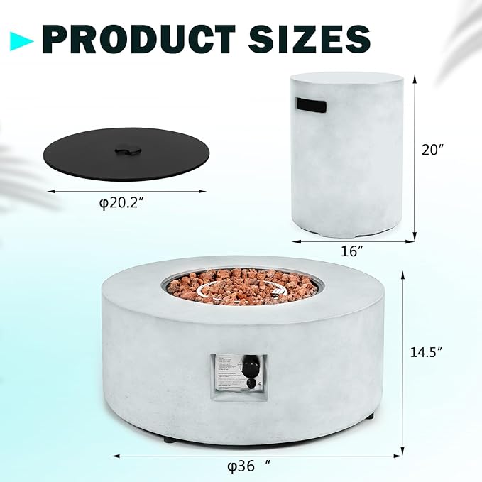 36" Round Propane Fire Pit Table,50,000 BTU Outdoor Concrete Gas Firepit with Tank Cover,Lid,Lava Rocks & Rain Cover for Patio,Deck,and Backyard