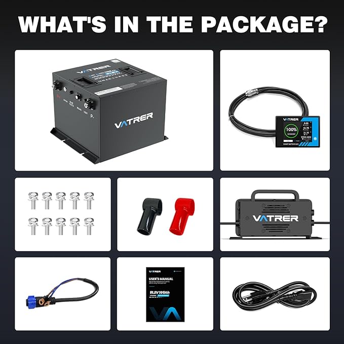 VATRER POWER 48V 105Ah Mini Lithium Golf Cart Battery, Built-in 200A BMS, with LCD Display & APP, 4000+ Cycles LiFePO4 Battery with 20A Lithium Charger, Max 10.24kW, Perfect for Golf Carts