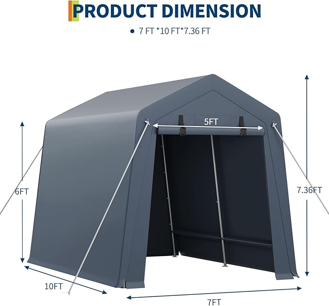 7 X 10 Ft Carport Portable Storage Shed Outdoor Tarp Sheds with Roll-Up Door, Bike Shed Storage Tent for Motorcycle, Garden Tools Gray