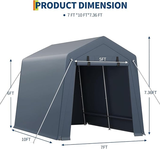7 X 10 Ft Carport Portable Storage Shed Outdoor Tarp Sheds with Roll-Up Door, Bike Shed Storage Tent for Motorcycle, Garden Tools Gray