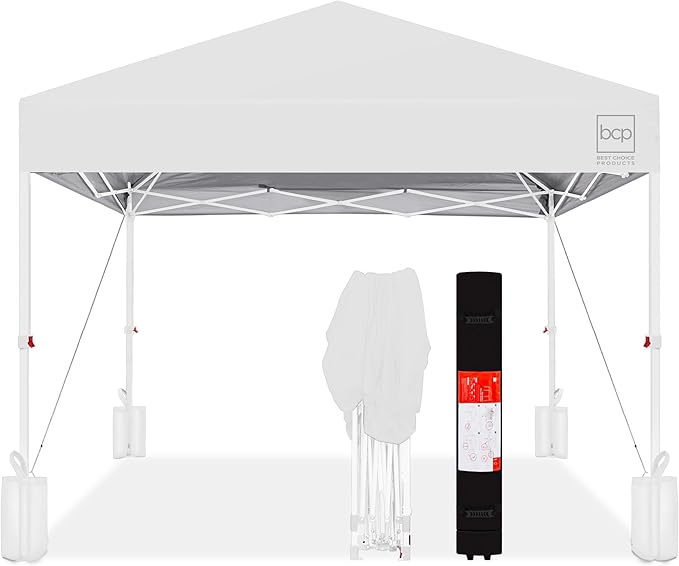 Best Choice Products 8x8ft 1-Person Setup Pop Up Canopy Tent Instant Portable Shelter w/ 1-Button Push, Case, 4 Weight Bags - White/White