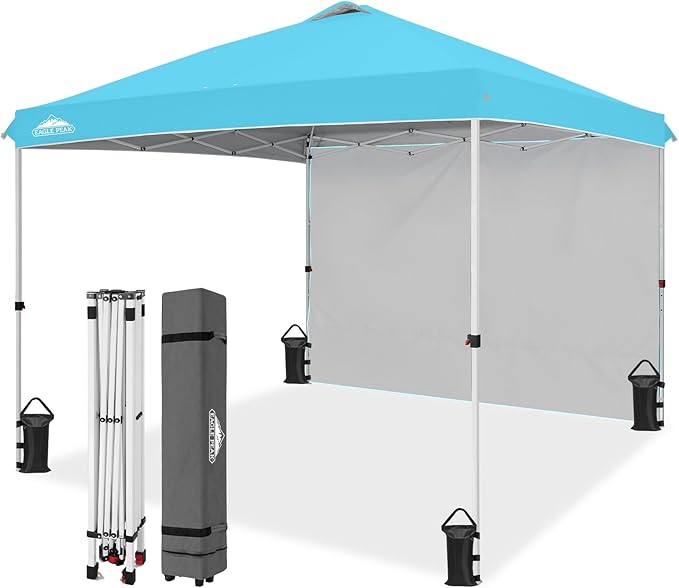 EAGLE PEAK Pop Up Canopy Tent with 1 Sidewall, Easy Setup Event Tent, Outdoor Sun Shade, Wheeled Carry Bag, Stakes and Guy Ropes, Instant Canopy 10x10, Light Blue