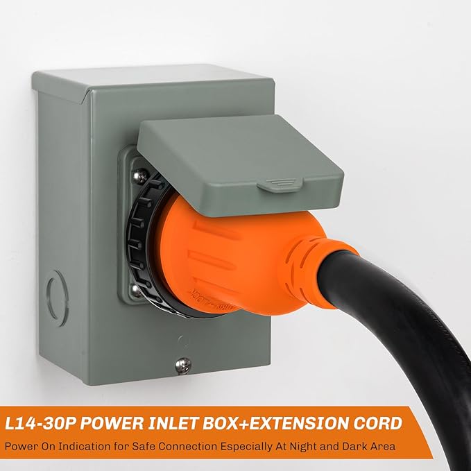 WELLUCK 25FT Power Cord Inlet Box Kit Temporary Connector Cable 30Amp Generator Plug, NEMA L14-30P to L14-30R Extension Cord 25 Feet with NEMA L14-30P Generator Inlet, ETL Listed, Weatherproof