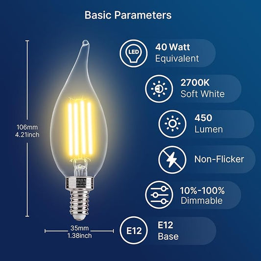 FLSNT LED Candelabra Bulbs, Dimmable CA11 E12 LED Chandelier Light Bulbs, 2700K Soft White, 4W (40W Equivalent), 450LM, 12 Pack UL,CA65 Listed.