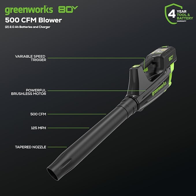 Greenworks 80V 21” Brushless (Push) Cordless Electric Lawn Mower + (500 CFM) Axial Leaf Blower + 13” String Trimmer (75+ Compatible Tools), (2) 2.0Ah Batteries and 30 Minute Rapid Charger