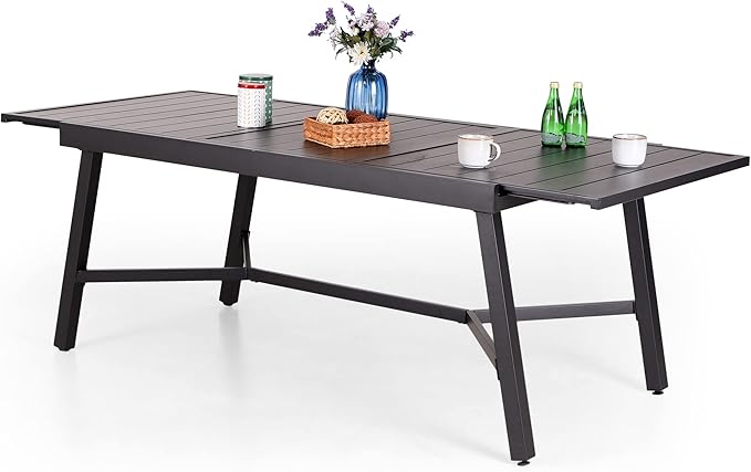MFSTUDIO Outdoor Dining Expandable Table,Adjustable Outdoor Inclined Leg Rectangle Table for 6-8 Person Lawn,Garden,Black Metal Frame