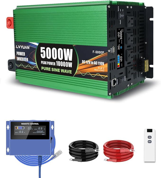 5000W Pure Sine Wave Power Inverters, LVYUAN 10000W Peak Power 12V DC to AC 120V Power Converter for RV, Truck, Outdoor, Remote Control Quadruple AC Outlets and USB Ports Inverter with LCD Display