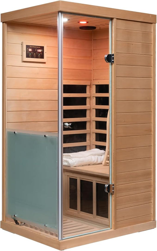 LTCCDSS Infrared Sauna, 1 Person Far Infrared Sauna for Home, with 1060W Indoor Sauna with Bluetooth Speakers, LED Reading Lamp, Red Lamp, 2 Tempered Glass Door, Hemlock Wood Sauna Room Left Door