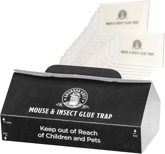 Grandpa Gus's Mouse & Insect Glue Board Traps, Extra-Long Foldable Pre-Baited Sticky Traps for Mouse, Roach, Spider, Ant & Fly, 9.25" x 5.25", Pack of 36