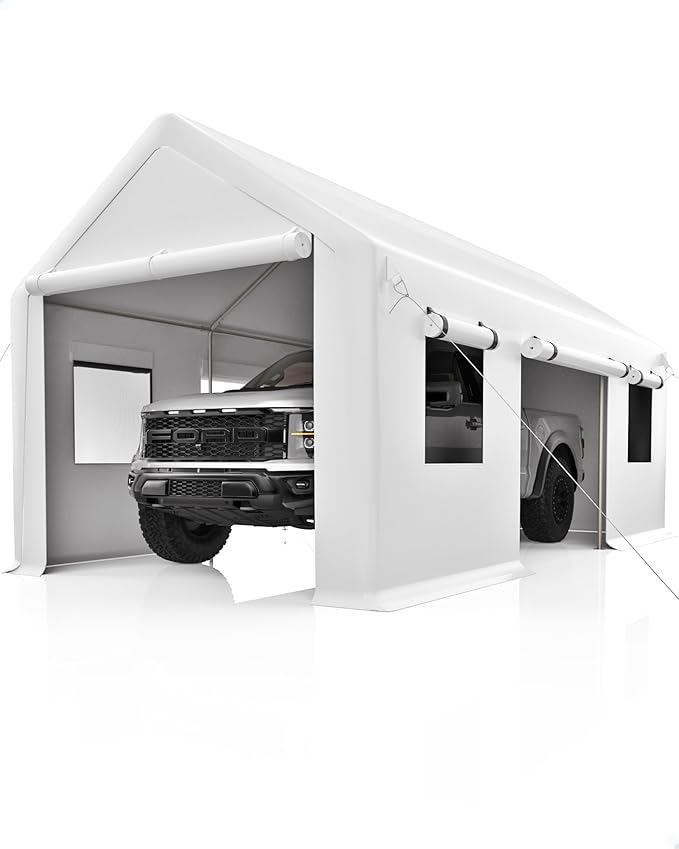 12x20 Ft Carport, Heavy Duty Portable Garage with Roll-Up Doors & 4 Windows,200g PE Tarp Waterproof & UV Protected,All-Weather Design,for Car, Boat, Truck, Motorcycle, ATVs, and SUV
