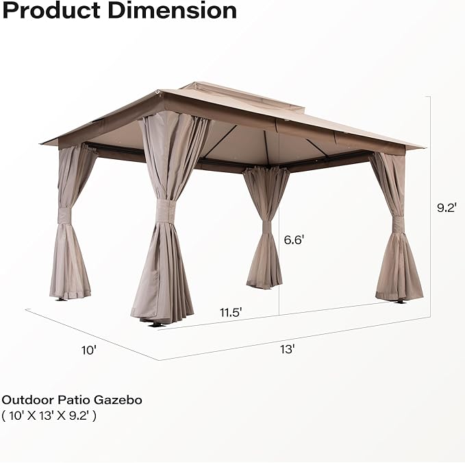 LAUSAINT HOME Gazebo 10x13ft, Heavy Duty Patio Gazebo with Expansion Bolts, Party Canopy Tent with Double Roofs, Mosquito Nettings and Privacy Screens for Backyard, Garden, Lawn, Khaki