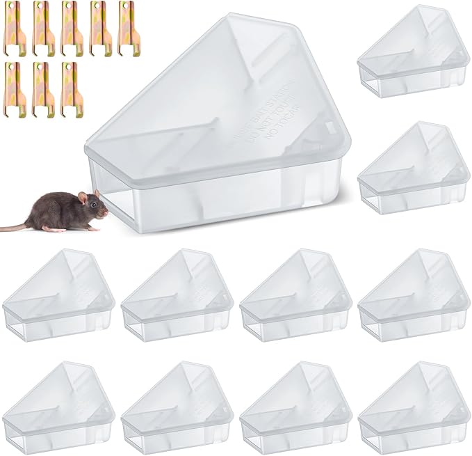 Qualirey 12 Pcs Mice Station with Key Triangle Bait Station Reusable Rodent Trap Bait Box, Keeps Children and Pets Safe Indoor & Outdoor, Bait Not Included, Suitable for Small Mice (Translucent)