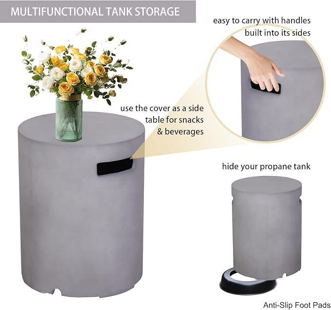 Afterglow 16" Propane Tank Cover Table, Round Tank Container Fits Standard 20 lbs Propane Tank Outdoor Gas Tank, Deck Backyard Patio, Grey